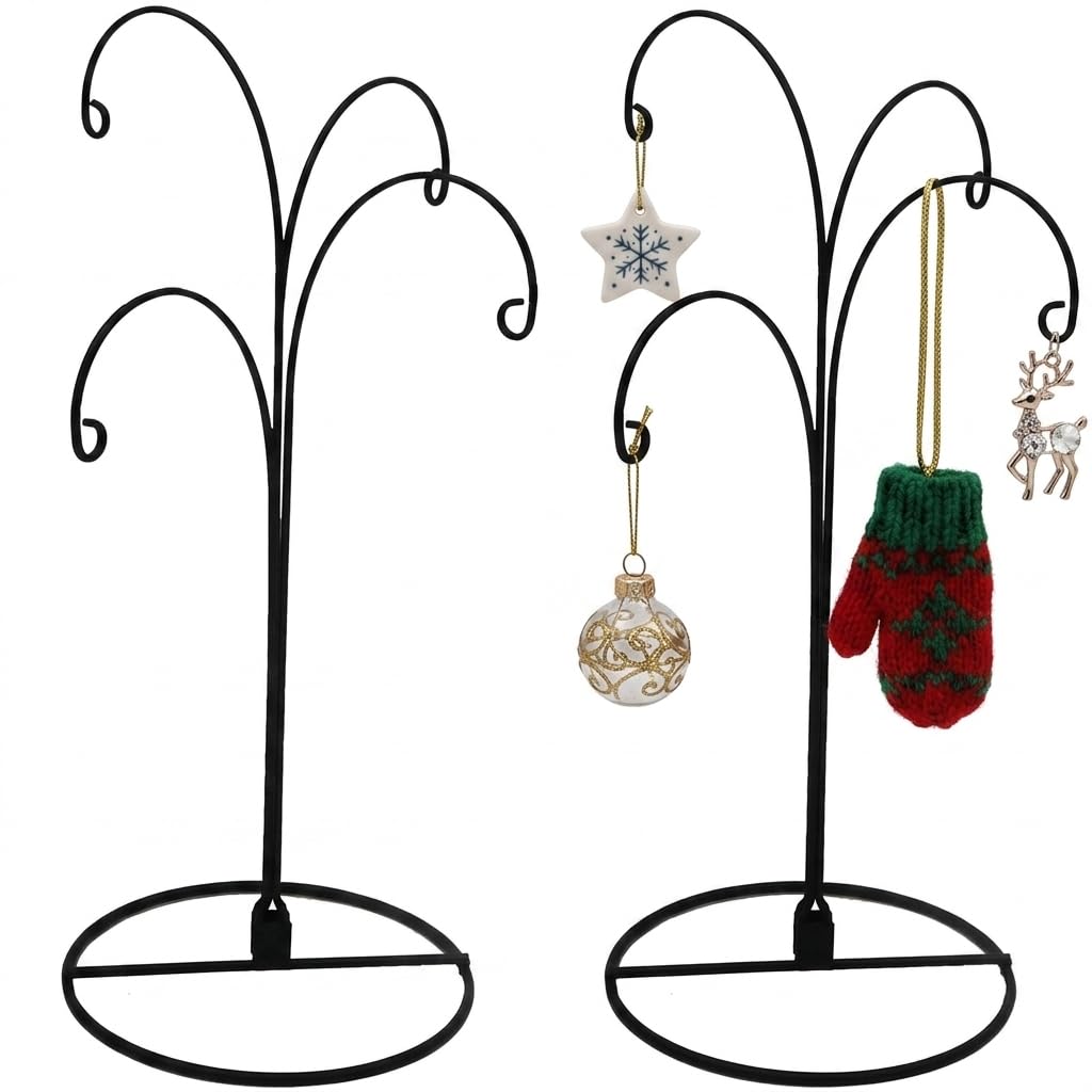 HOHIYA 12 Inch Ornament Display Stand 2 Pack 4 Arm Metal Holder Black | Compact 4-arm metal stand displays Christmas ornaments, crystal balls and jewelry for elegant tabletop décor.