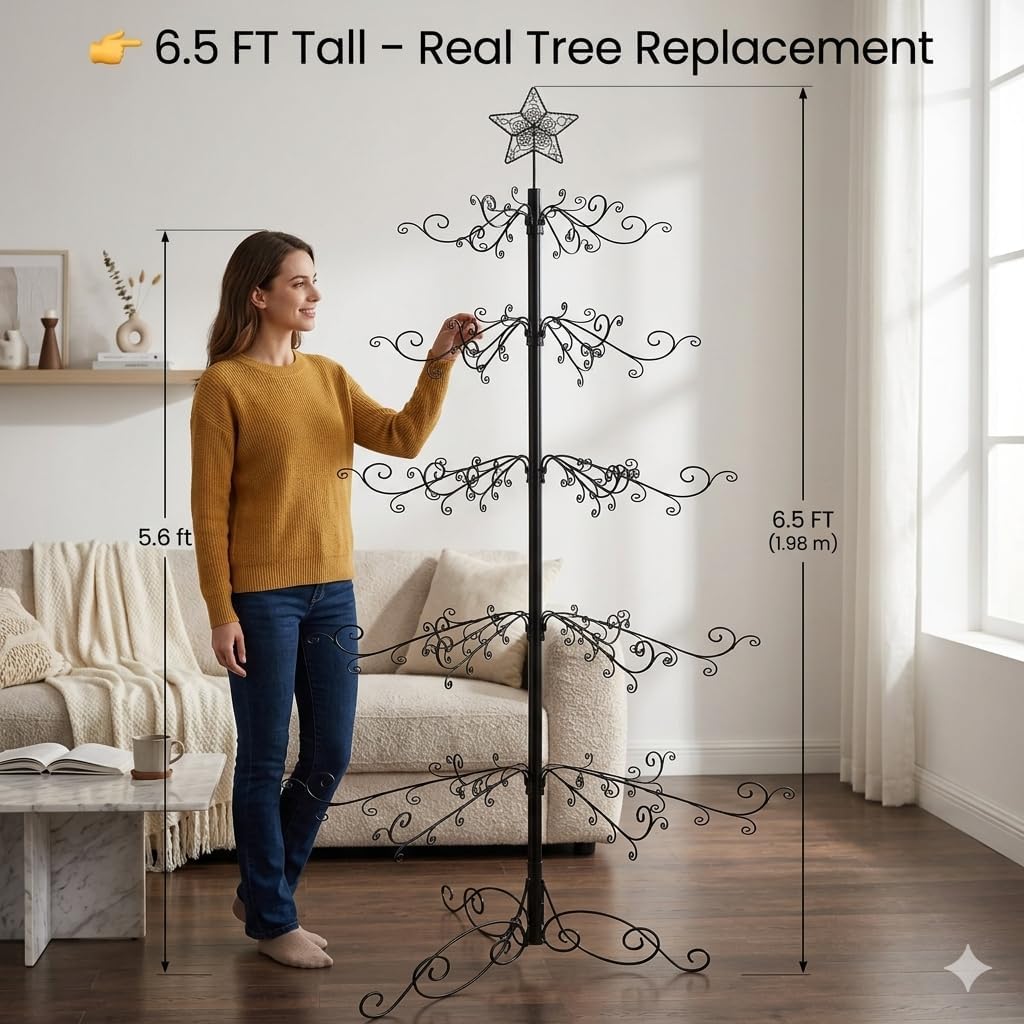 HOHIYA 6.5 Ft Ornament Display Tree Stand 174 Hook Metal Christmas Tree | Large wrought iron display tree holds 174 ornaments for Christmas, Halloween, weddings and year-round décor.