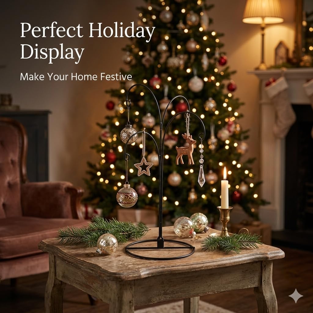 HOHIYA 12 Inch Ornament Display Stand 2 Pack 4 Arm Metal Holder Black | Compact 4-arm metal stand displays Christmas ornaments, crystal balls and jewelry for elegant tabletop décor.
