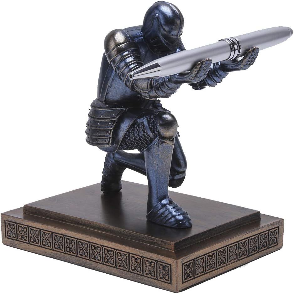 Knight Pen Holder Desk Organizers and Accessories as Gift Blue | Decorative Vintage Fountain Pencil Holders Desktop Accssories with a Cool Pen Suitable for Offices, Study and Living Room