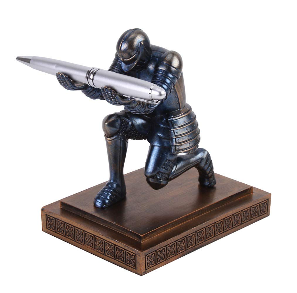 Knight Pen Holder Desk Organizers and Accessories as Gift Blue | Decorative Vintage Fountain Pencil Holders Desktop Accssories with a Cool Pen Suitable for Offices, Study and Living Room