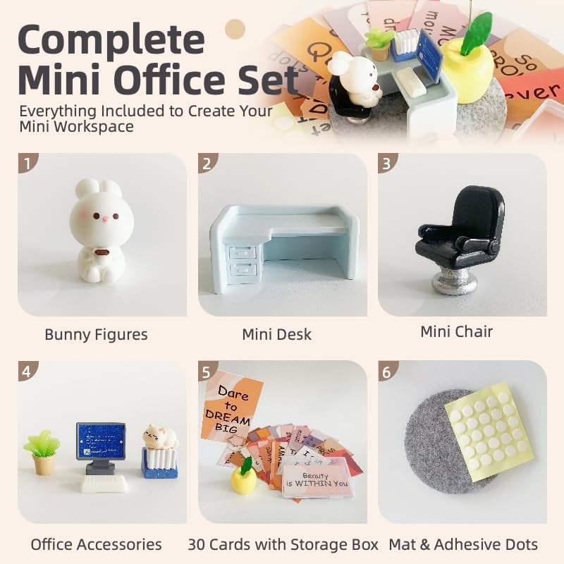 Emotional Support Bunny Desk Decor Set, Miniature Office Figurine | Bunny Office Scene Ornament with 30 Motivational Cards, Stress Relief Desktop Decor Gift for Home Office Workspace
