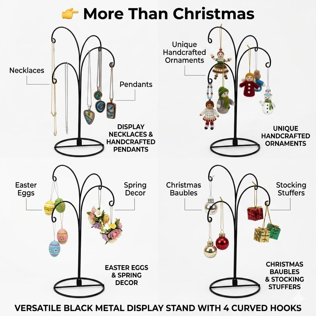 HOHIYA 12 Inch Ornament Display Stand 2 Pack 4 Arm Metal Holder Black | Compact 4-arm metal stand displays Christmas ornaments, crystal balls and jewelry for elegant tabletop décor.