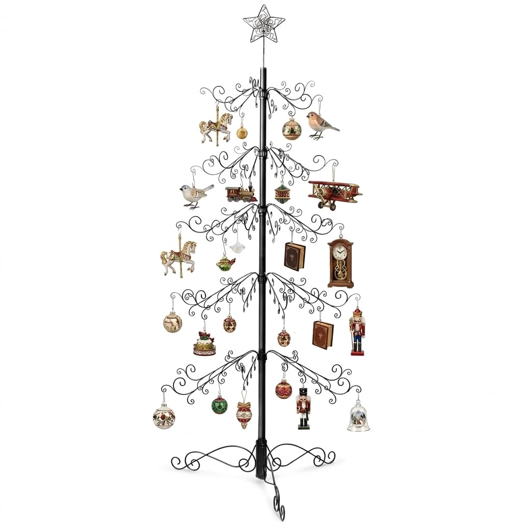 HOHIYA 6.5 Ft Ornament Display Tree Stand 174 Hook Metal Christmas Tree | Large wrought iron display tree holds 174 ornaments for Christmas, Halloween, weddings and year-round décor.