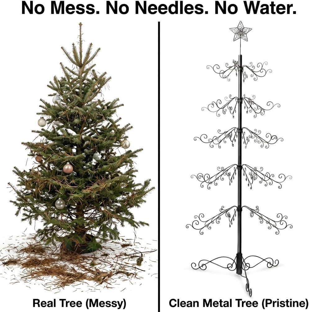 HOHIYA 6.5 Ft Ornament Display Tree Stand 174 Hook Metal Christmas Tree | Large wrought iron display tree holds 174 ornaments for Christmas, Halloween, weddings and year-round décor.