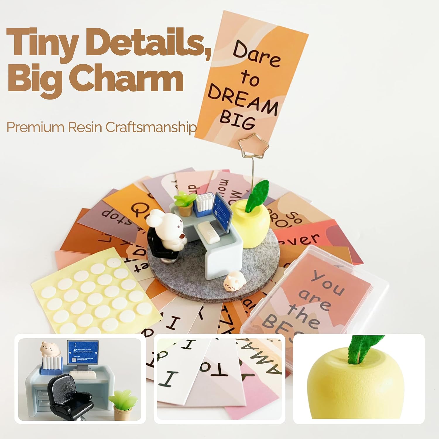 Emotional Support Bunny Desk Decor Set, Miniature Office Figurine | Bunny Office Scene Ornament with 30 Motivational Cards, Stress Relief Desktop Decor Gift for Home Office Workspace