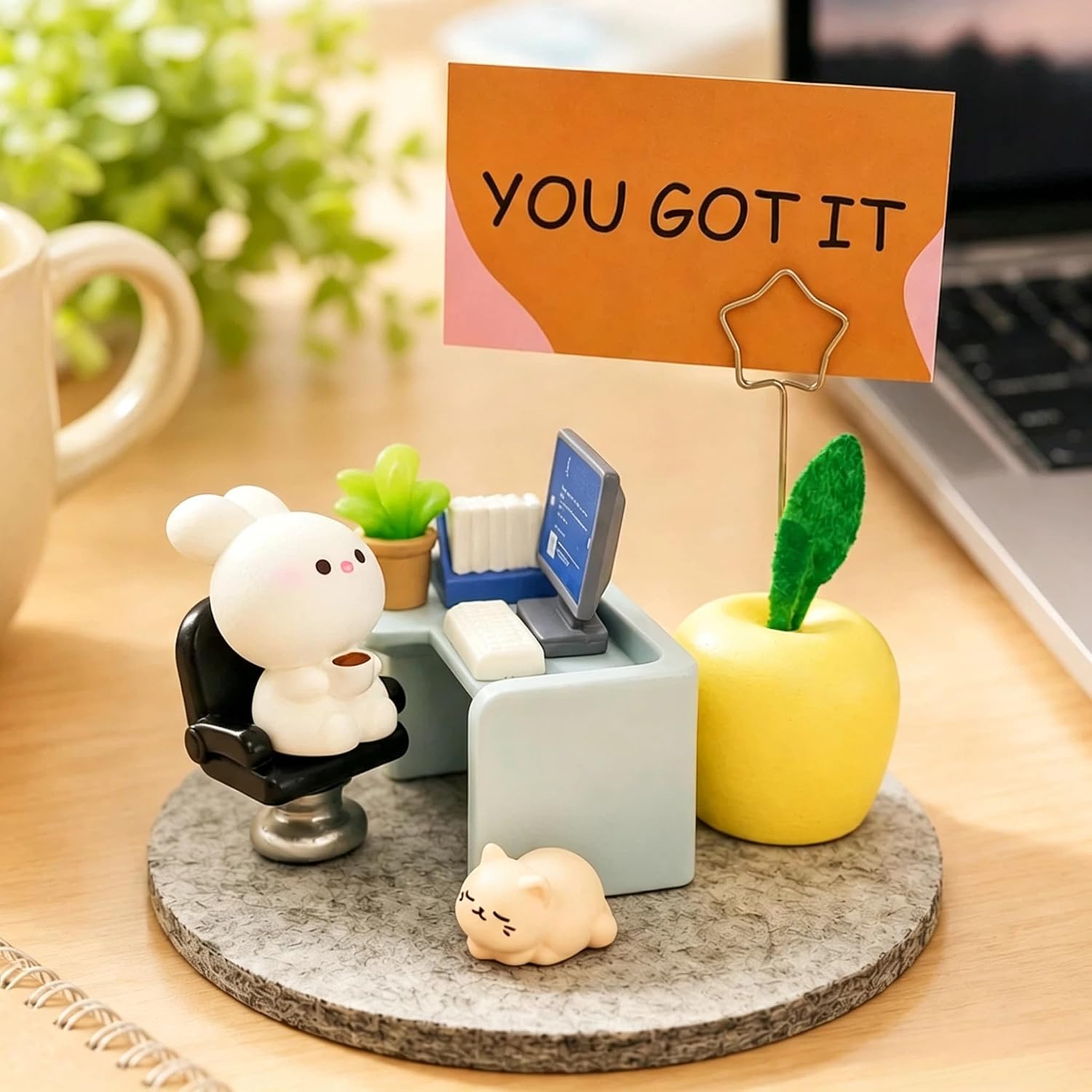 Emotional Support Bunny Desk Decor Set, Miniature Office Figurine | Bunny Office Scene Ornament with 30 Motivational Cards, Stress Relief Desktop Decor Gift for Home Office Workspace