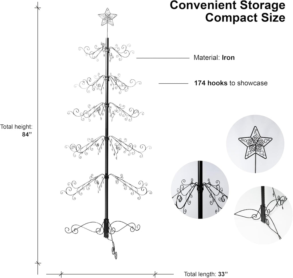 HOHIYA 6.5 Ft Ornament Display Tree Stand 174 Hook Metal Christmas Tree | Large wrought iron display tree holds 174 ornaments for Christmas, Halloween, weddings and year-round décor.