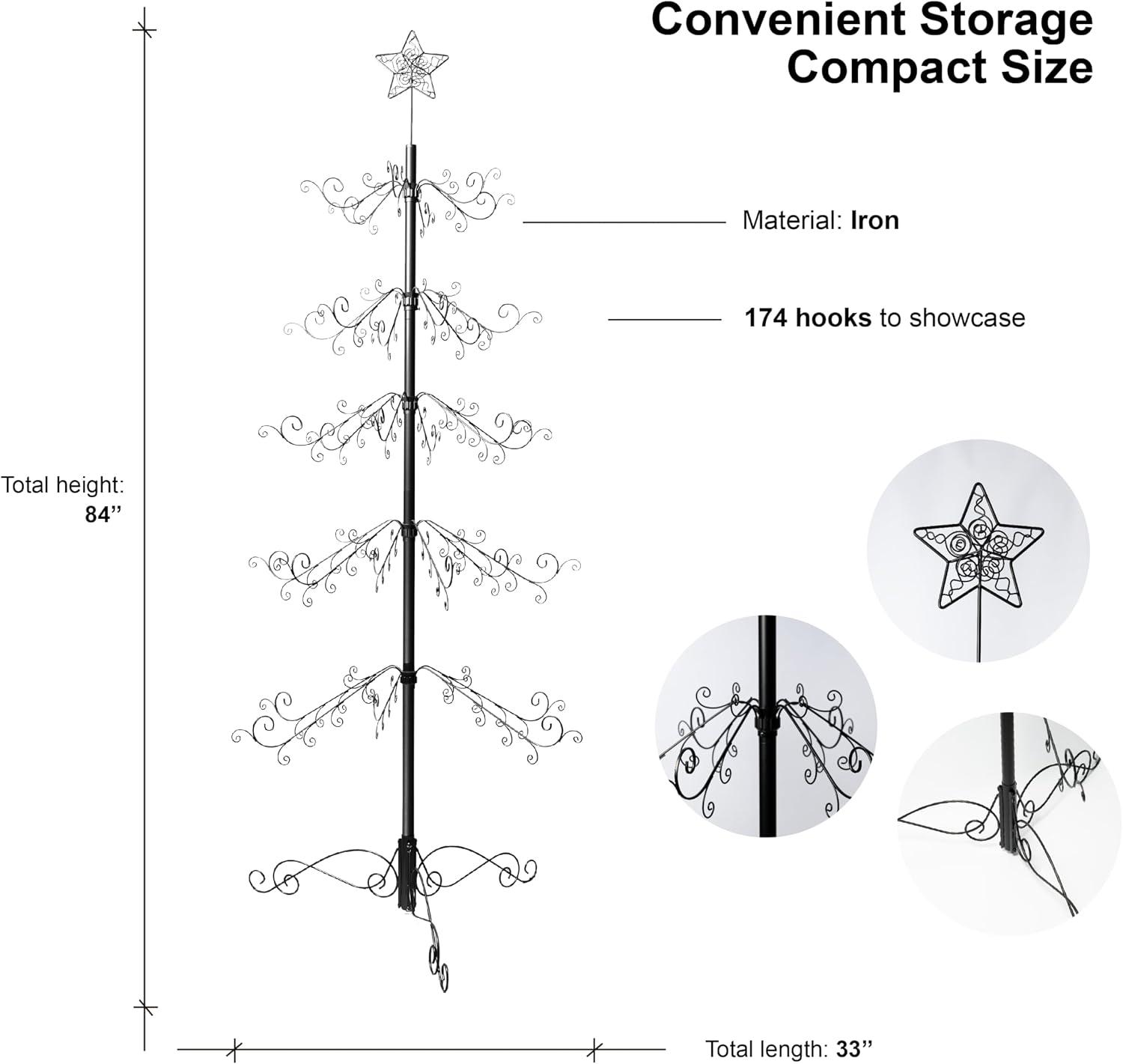 HOHIYA 6.5 Ft Ornament Display Tree Stand 174 Hook Metal Christmas Tree | Large wrought iron display tree holds 174 ornaments for Christmas, Halloween, weddings and year-round décor.