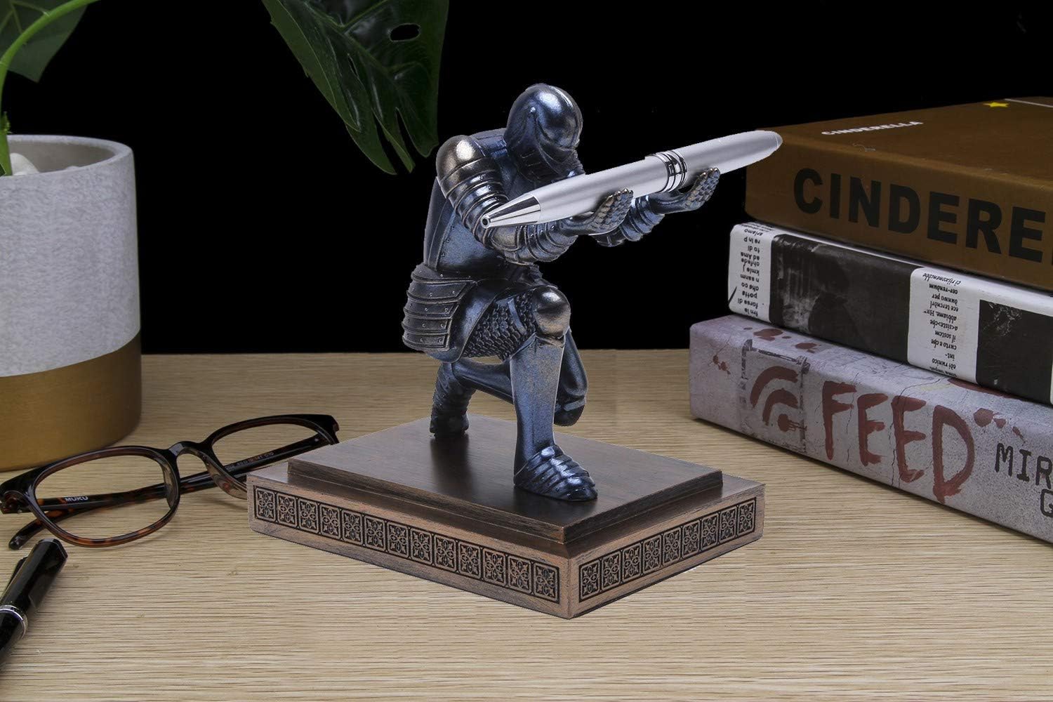 Knight Pen Holder Desk Organizers and Accessories as Gift Blue | Decorative Vintage Fountain Pencil Holders Desktop Accssories with a Cool Pen Suitable for Offices, Study and Living Room
