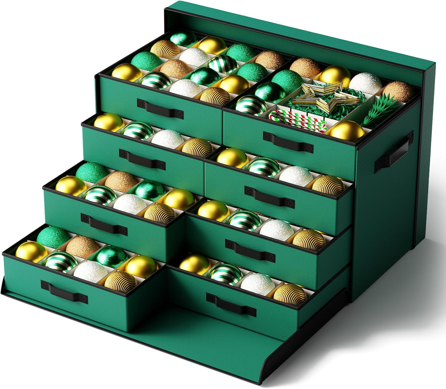 Christmas Ornament Storage Box Store 128 Ornaments, Extra Large Xmas Ornament Organizer Storage box with Lid & Adjustable Dividers, Holiday Decorations Storage Container with 8 Stackable Trays, Green