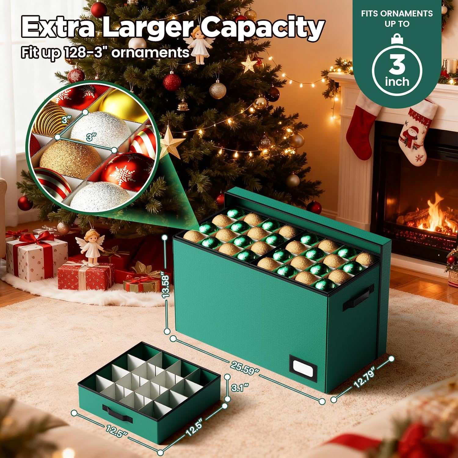 Christmas Ornament Storage Box Store 128 Ornaments, Extra Large Xmas Ornament Organizer Storage box with Lid & Adjustable Dividers, Holiday Decorations Storage Container with 8 Stackable Trays, Green