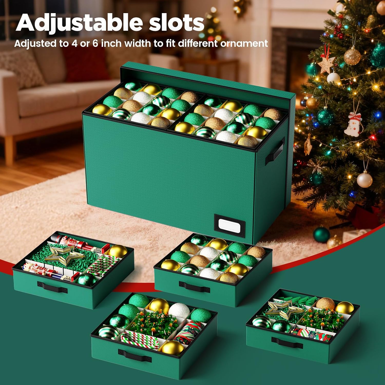 Christmas Ornament Storage Box Store 128 Ornaments, Extra Large Xmas Ornament Organizer Storage box with Lid & Adjustable Dividers, Holiday Decorations Storage Container with 8 Stackable Trays, Green