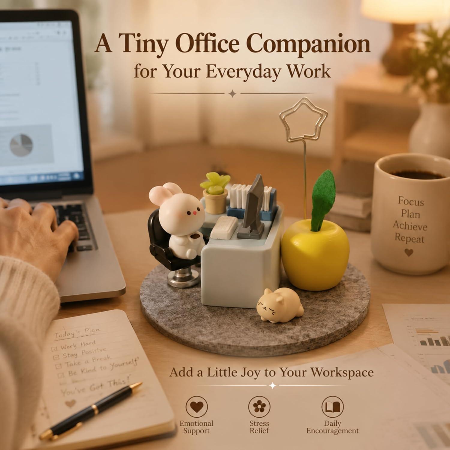 Emotional Support Bunny Desk Decor Set, Miniature Office Figurine | Bunny Office Scene Ornament with 30 Motivational Cards, Stress Relief Desktop Decor Gift for Home Office Workspace