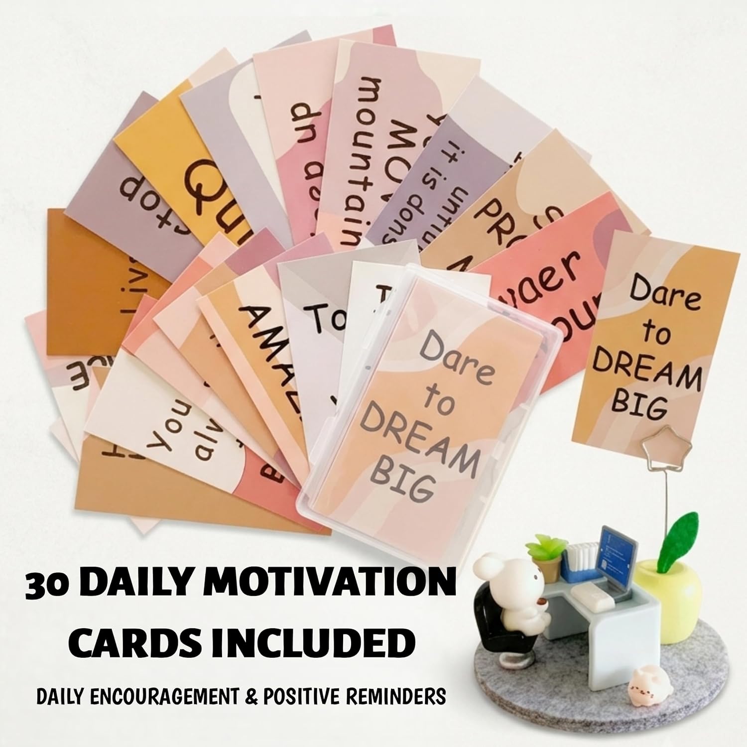 Emotional Support Bunny Desk Decor Set, Miniature Office Figurine | Bunny Office Scene Ornament with 30 Motivational Cards, Stress Relief Desktop Decor Gift for Home Office Workspace